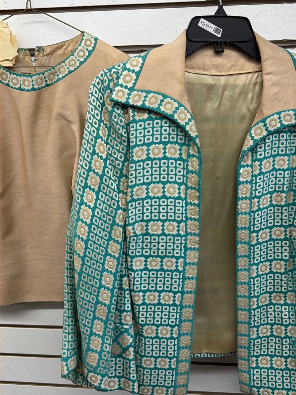 Vintage Jacket & Blouse Set Turquoise Cream Geometric Open Front Women’s